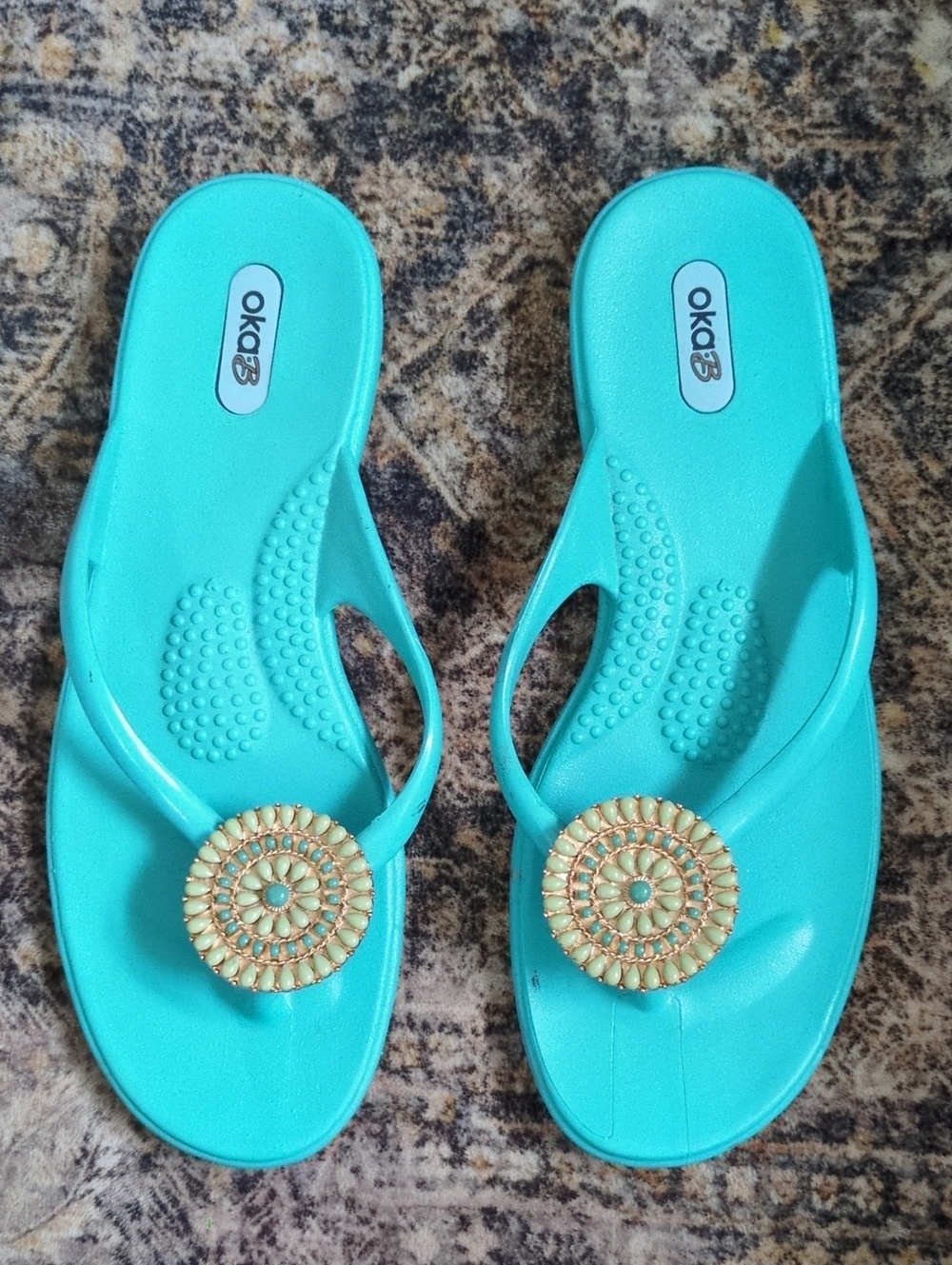 Oka-B Turquoise Sea Glass Beaded Medallion Flip Flop Sandals Boho